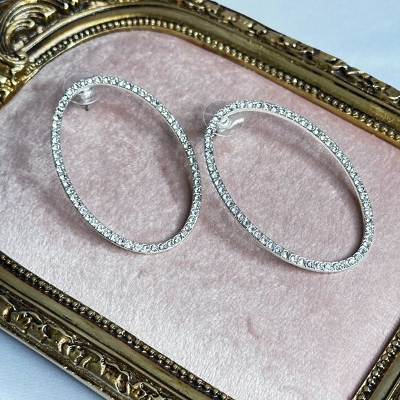 Park Lane Jewelry - Large Oval Rhinestone Hoop Earrings By Park Lane Jewelry Silver-tone Oversized